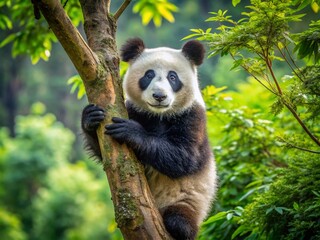 Obraz premium Majestic Giant Panda Bear Climbing a Tree Surrounded by Lush Greenery, Capturing Nature's Beauty and Playfulness in a Serene Forest Setting for Wildlife Enthusiasts