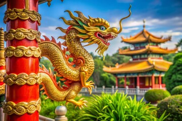 Fototapeta premium Majestic Golden Chinese Dragon Adorning a Vibrant Red Pole, Symbolizing Strength and Prosperity in Traditional Asian Culture, Captured with High Depth of Field for Stunning Visual Impact
