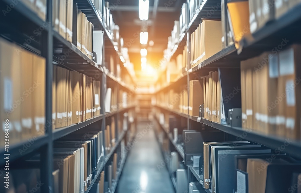 Poster dimly lit archive aisle with rows of organized file folders creating a serene atmosphere in a modern