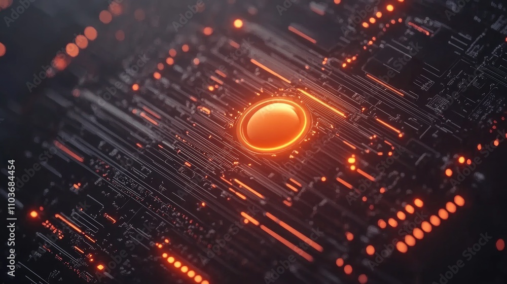 Poster a high-tech computer network with an eye-catching glowing orange circle at its center, surrounded by