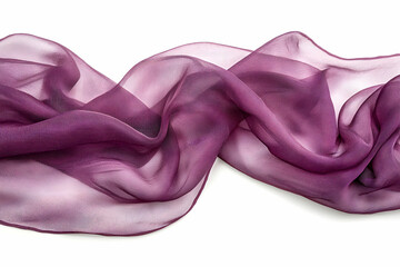 Photo of a purple sheer fabric against a white background, with an elegant aesthetic and soft edges, creating delicate waves. 