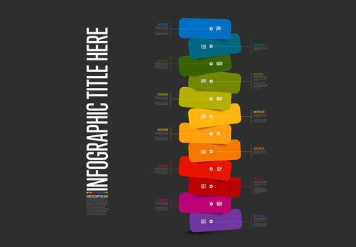 Full year timeline template with month names and rainbow color rectangle blocks on dark background