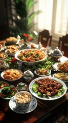 Obraz premium A table full of food with a variety of dishes including pasta, salad, and meat. the table is set up for a buffet-style meal. chinese food