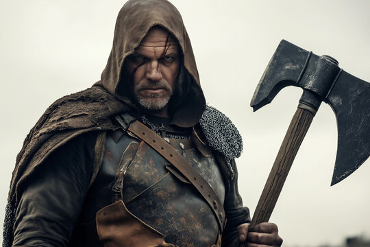 Warrior in battle attire holding a large axe against a cloudy sky. Generative AI
