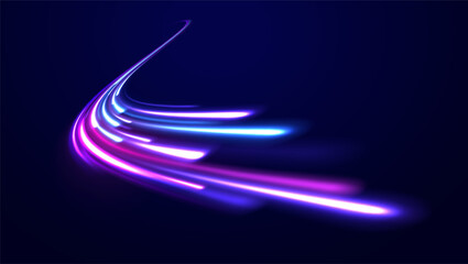Light trail wave, fire path trace line, car lights, optic fiber and incandescence curve twirl. Big data traffic visualization, dynamic high speed, png, effect. Vector glowing lines air flow effect. 