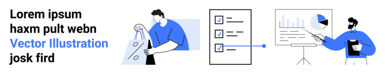 Team presenting data charts, managing tasks with checklists, and discussing project outcomes. Ideal for business strategy, team collaboration, data analysis, project management, productivity