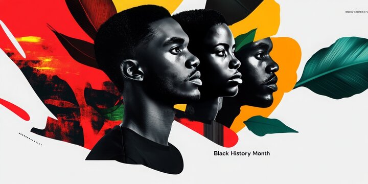 Profile portraits of african young adults celebrating black history month with vibrant art elements