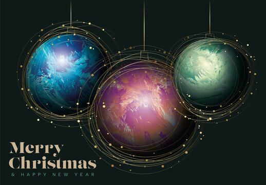 Christmas dark minimalist card layout template with three christmas abstract decorations