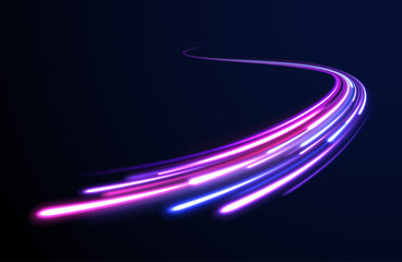 Light arc in neon colors, in the form of a turn. Magic bright shine glow of energy lines, shiny swirl power waves flow, electric trail glowing in dark. Abstract neon light motorway background. 