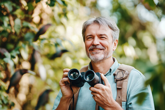 Senior man exploring nature with binoculars in a lush green forest. Generative AI