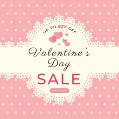 Valentine's day sale vector banner template. Valentine's day sale poster design with 50% discount offer and  hearts on pink background. Vector illustration.