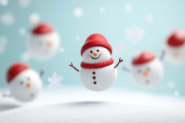 Happy snowman jumping with other snowmen in a snowy christmas landscape