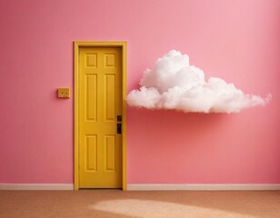 A pink door is partially open, revealing a fluffy white cloud floating through it, set against a yellow background. The surreal image evokes a sense of whimsy and imagination. Ai generated image.