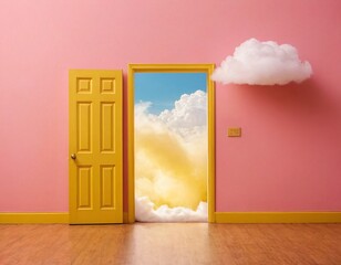 A pink door is partially open, revealing a fluffy white cloud floating through it, set against a yellow background. The surreal image evokes a sense of whimsy and imagination. Ai generated image.