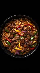 Asian stir fried noodles with beef peppers and onions panorama. chinese food. Ultra realistic. Photorealistic hypermaximalist advertising photography hyper realistic fine detail
