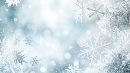 Ethereal winter backdrop with soft blue and silver tones, featuring defocused snowflakes and ample space for text, creating a serene and magical atmosphere.