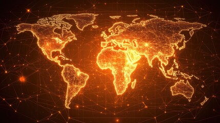 A wireframe world map glowing with energy, set against a dark tech-inspired background; sci-fi style, orange and white highlights, high detail