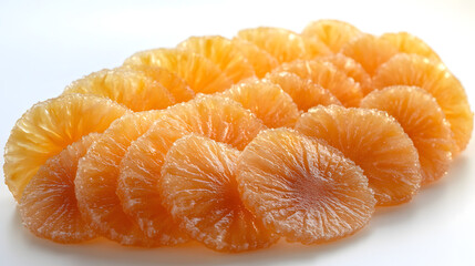 Close-up of several translucent, orange slices of candied grapefruit arranged on a white background. The texture and glistening surface are highlighted.