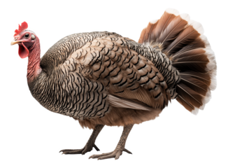 PNG Turkey with striped feathers and red head on a white background