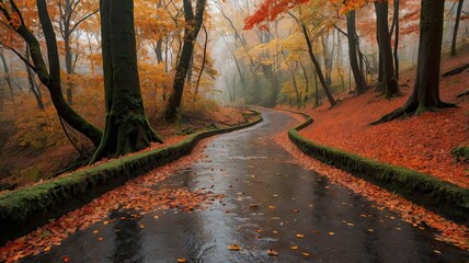 An autumn landscape with a carpet of bright golden fallen leaves and the reflection of trees in calm water. A cozy and tranquil atmosphere of nature's harmony.