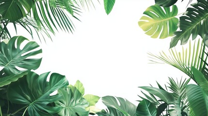 Naklejka premium Lush green tropical leaves arranged on a bright white background for a fresh and vibrant natural aesthetic