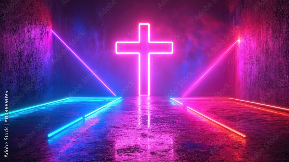 Poster vibrant 3d render of a neon cross illuminated by ultraviolet colors, with glowing red and blue laser