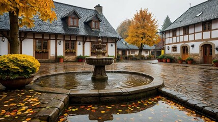 An autumn landscape with a carpet of bright golden fallen leaves and the reflection of trees in calm water. A cozy and tranquil atmosphere of nature's harmony.