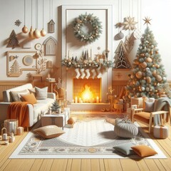 Fototapeta premium cozy room with a fireplace and a christmas tree