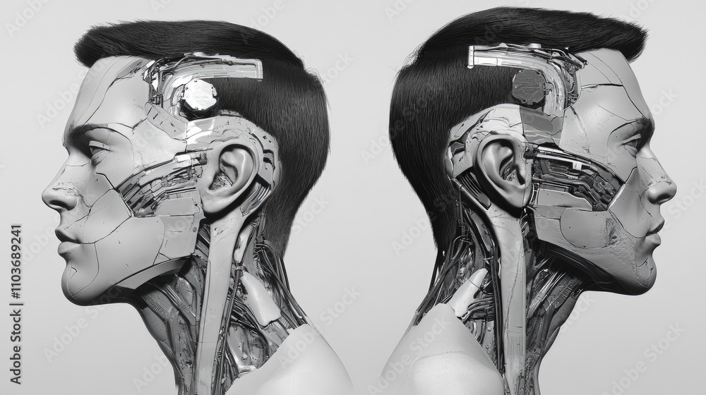 Poster robotic facial design showcasing the intricate details of artificial intelligence with a sleek human