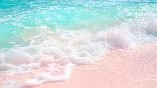 Soft, pastel-colored waves gently lapping on a pink beach.  A serene and dreamy beach scene perfect for summer backgrounds or travel imagery.
