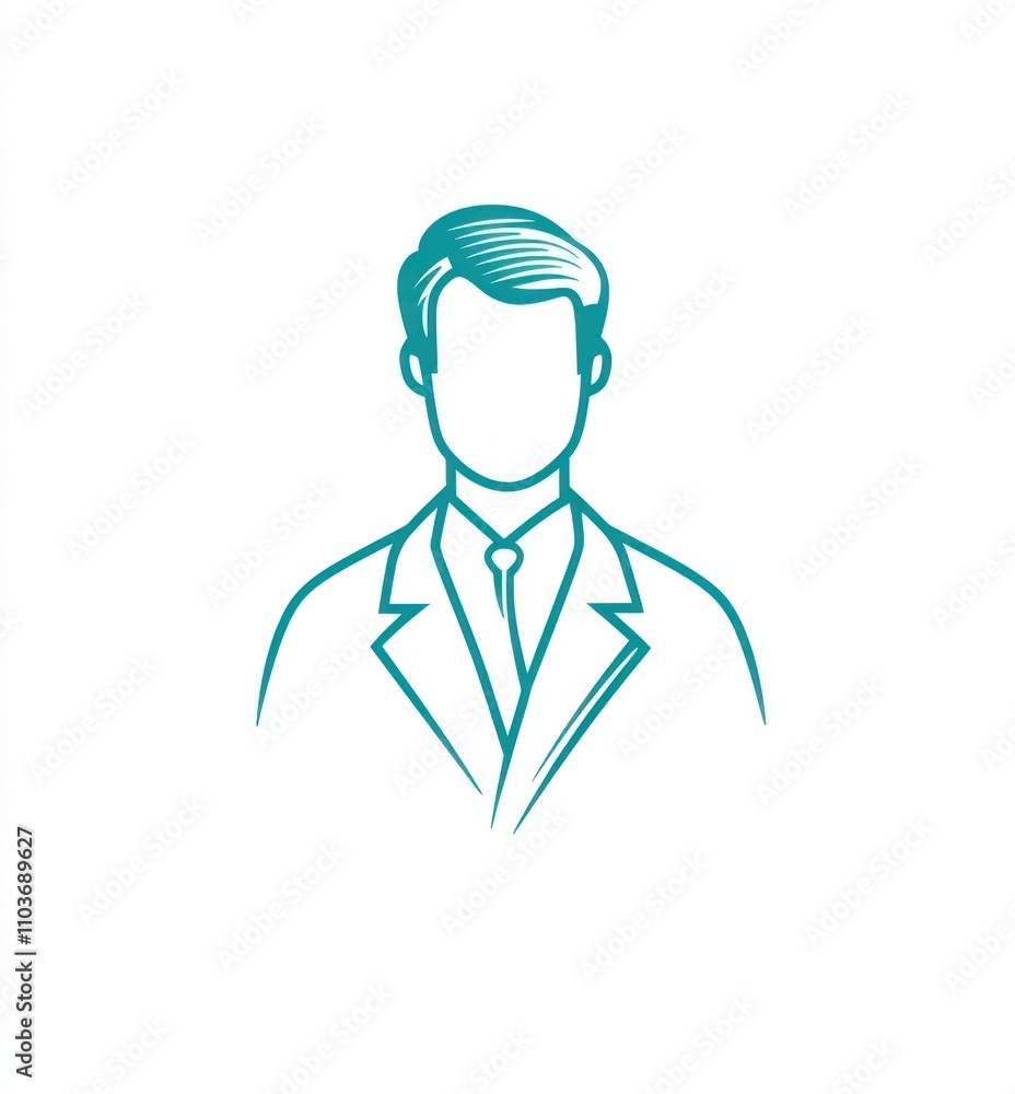 Poster here's a possible and keyword list for the image.. teal outline illustration of a faceless man in a 