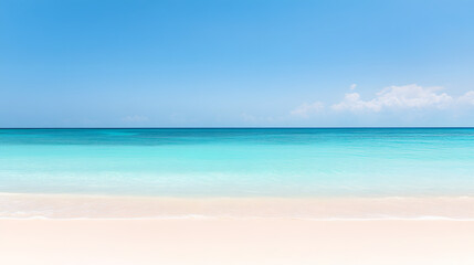 Serene beach scene with pristine white sand and crystal-clear turquoise water under a bright blue sky. Perfect for summer or vacation themes.