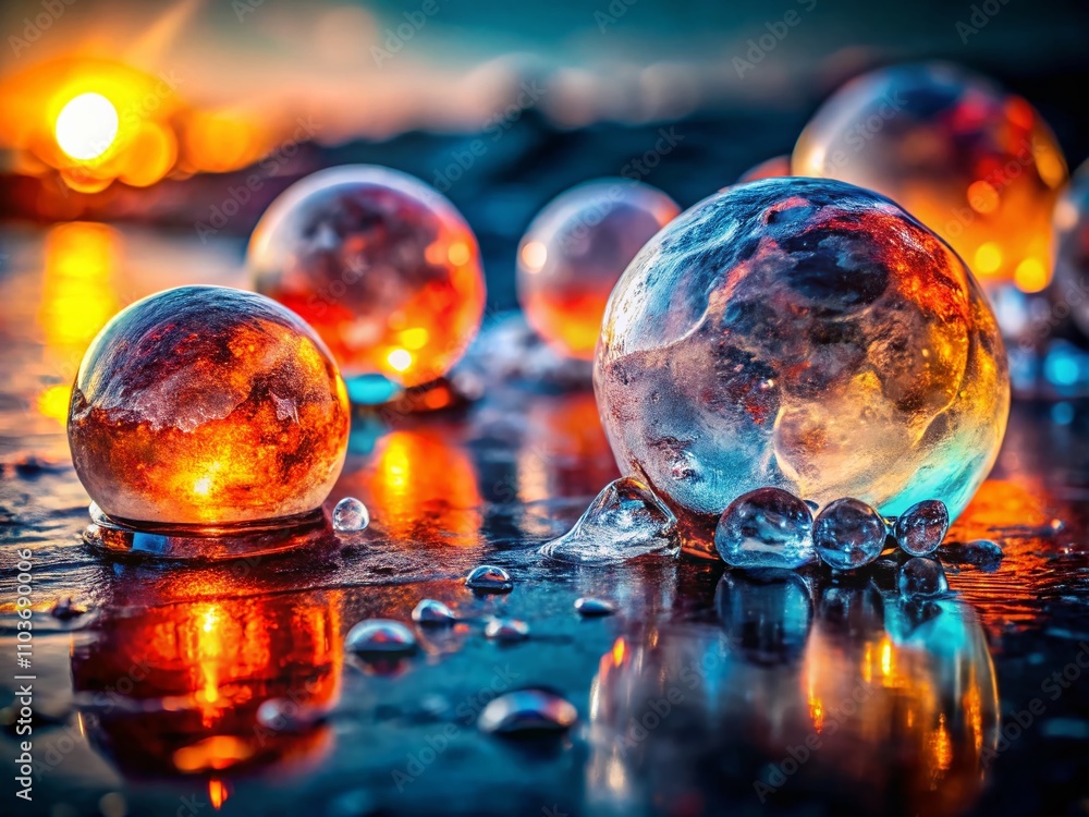 Poster melting ice balls on dark background with shallow depth of field and toned aesthetic for urban explo