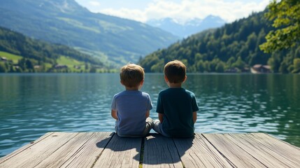 Children sitting on a dock enjoying a serene lake view surrounded by lush mountains on a sunny day