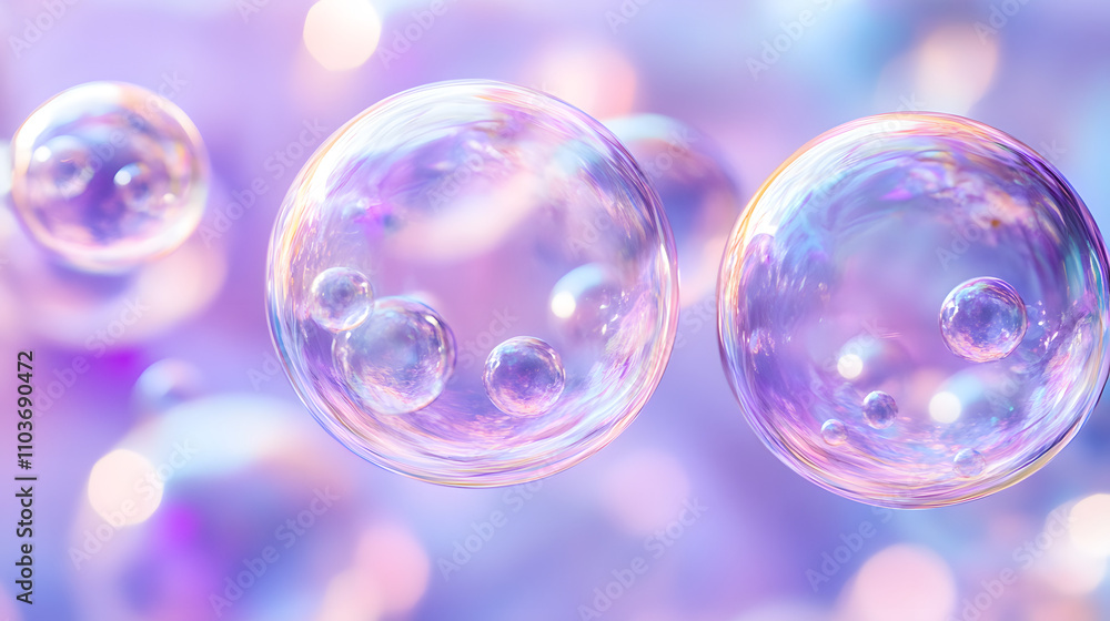 Poster close-up of iridescent soap bubbles floating against a soft purple and pink bokeh background. the bu