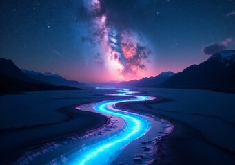 Fototapeta premium Starlit river winding through serene mountains during a vibrant night sky