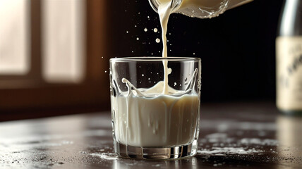 milk is poured into a glass from a decanter