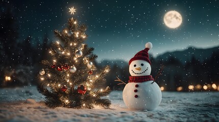 Obraz premium Frosty snowman standing beside a decorated pine tree under a moonlit, snowy sky.