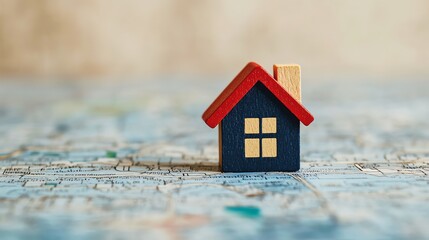 Miniature house on a map representing travel and real estate concepts with a cozy, inviting look.