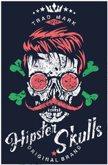 Tête de mort à moustache hipster skull moustachu et crane lunette de soleil ronde et mon logo