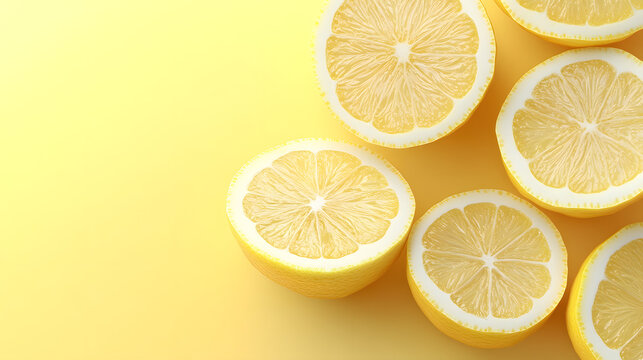 Close-up of several lemon slices arranged on a vibrant yellow background. The image is bright and cheerful, perfect for themes of freshness, health, and summer.