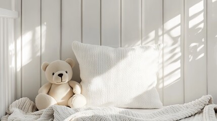 A Cozy Nursery Corner with Teddy and Knitted Pillow