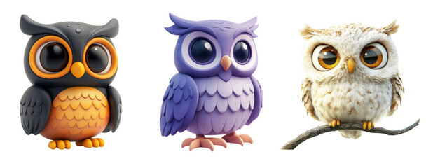 Fototapeta premium Cute Cartoon Owls on Transparent Background