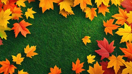 Vibrant autumn leaves in shades of yellow, orange, and red scattered on lush green grass, creating a colorful seasonal landscape.