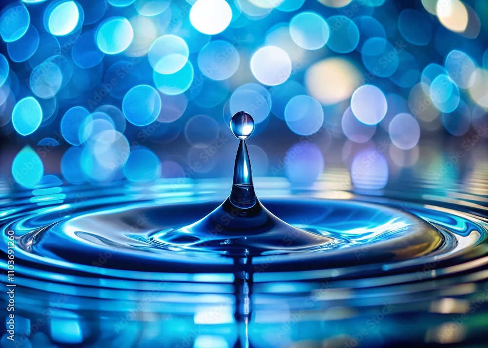 Poster mesmerizing macro shot of water droplet creating ripples on a blue surface with bokeh effect illumin