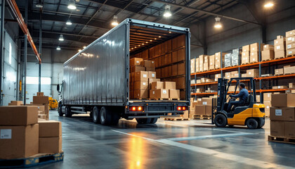 A semi truck at a warehouse, forklift loading boxes, organized and efficient setting.