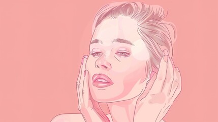 skin care. Beautiful woman touching healthy facial skin portrait. Beautiful smiling Asian girl model with natural makeup, close-up on blue background, touching glowing hydrated skin