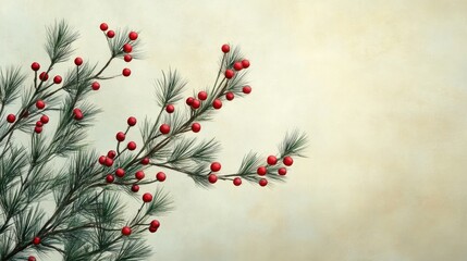 Joyful pine branches adorned with vibrant red berries against a soft, neutral backdrop creating an inviting space for personalized messages