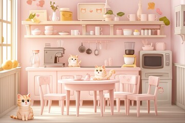 Whimsical cat caf? kitchen set displaying soft pastel pinks, featuring charming furniture and playful game assets. The illustration captures a cozy and inviting atmosphere for cat lovers. 