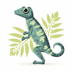 Fototapeta premium Colorful Cartoon Chameleon Among Tropical Greenery, Vibrant Illustration of a Reptile Surrounded by Leafy Plants, Ideal for Nature and Animal Themes